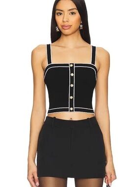 Alice + Olivia Dandi Black Crop Tank with White Piping and Gold Buttons